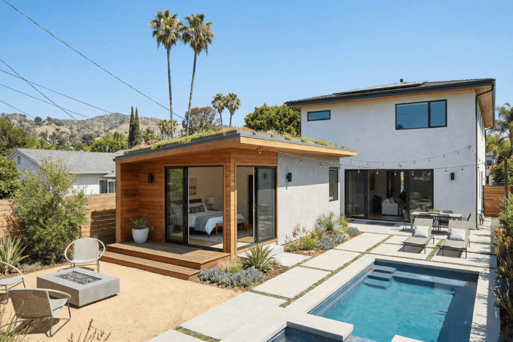 Two-bedroom ADU exterior with private entrance and wood deck in the San Fernando Valley by Precise Building and Restoration
