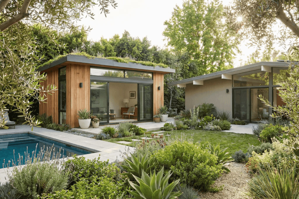 Interior of newly constructed ADU kitchen with quartz countertops and stainless appliances in Los Angeles