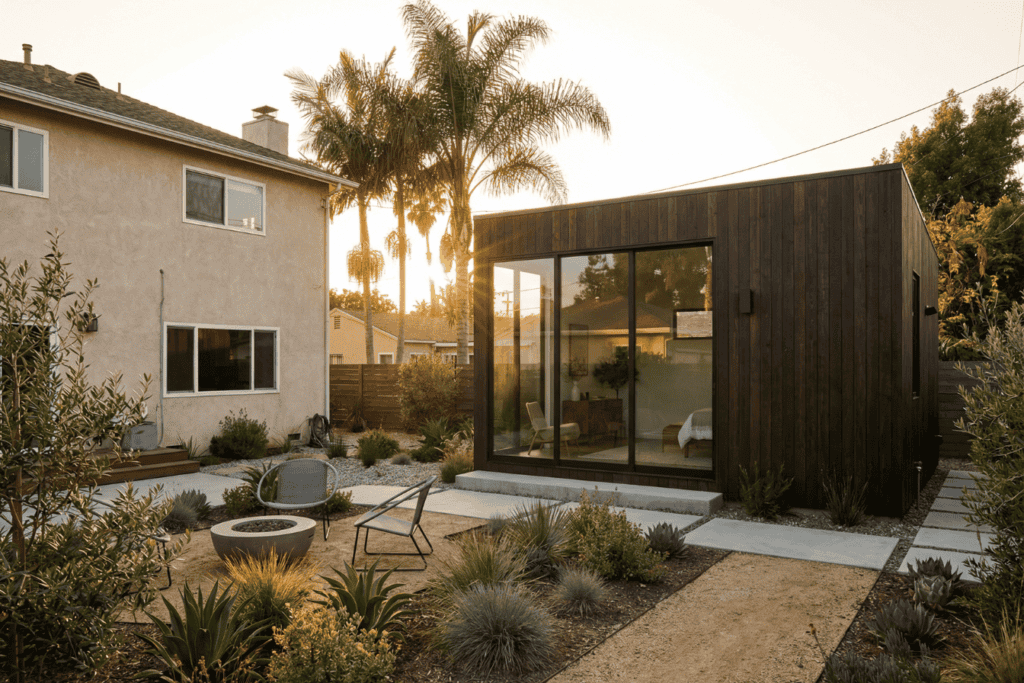 Modern one-story ADU with stucco exterior and drought-tolerant landscaping in Glendale by Precise Building and Restoration